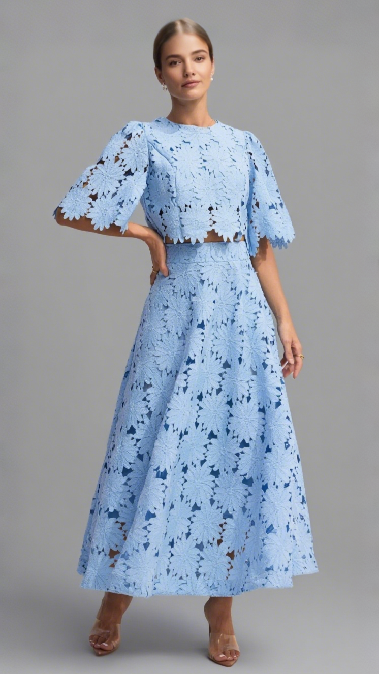 LACE EMBROIDERED TOP & MAXI SKIRT TWO-PIECE SET IN BLUE