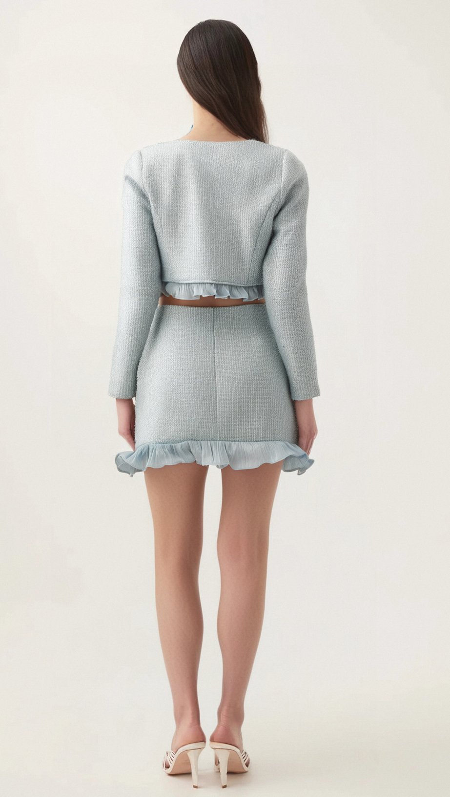 Completo coordinato giacca e gonna in tweed con volant Viviane