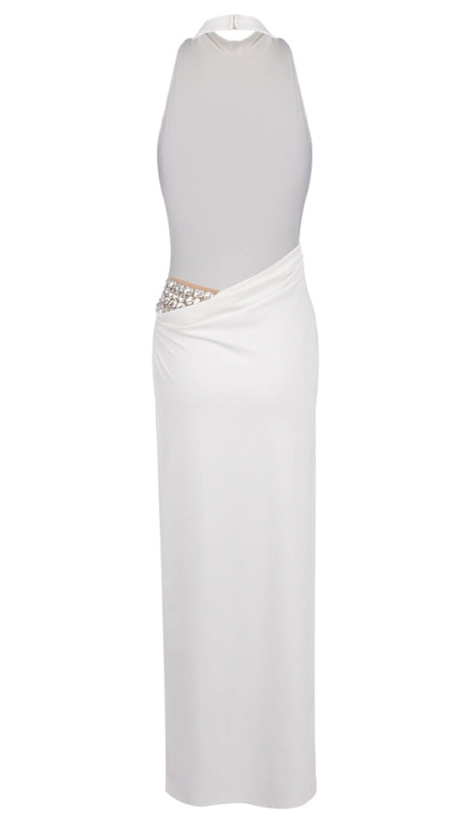 SEXY WHITE SATIN HALTER MAXI DRESS WITH HIGH SLIT AND OPEN BACK