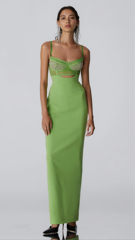 GREEN BEADING BANDAGE MIDI DRESS