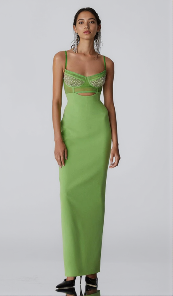 GREEN BEADING BANDAGE MIDI DRESS