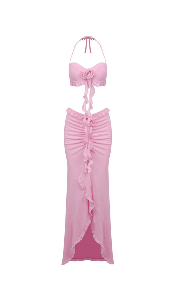 AIIZIE IVY FLOWER TOP RUFFLE TRIM SKIRT SUIT IN PINK - product image