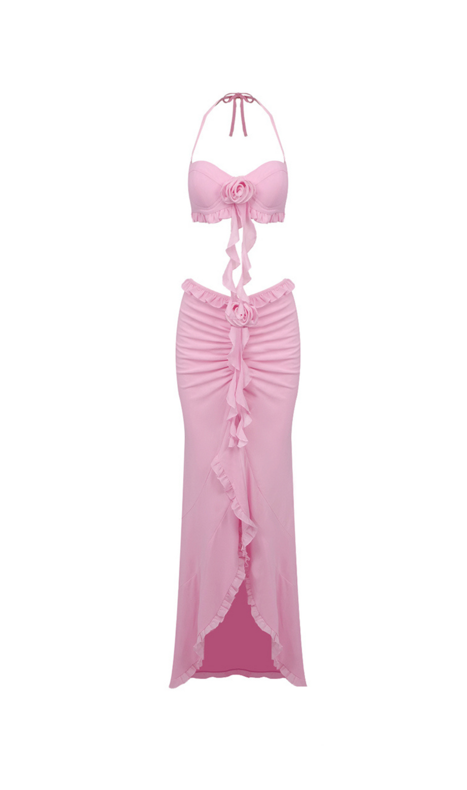 COMPLETO CON GONNA CON VOLANT E FIORI DI EDERA IN ROSA
