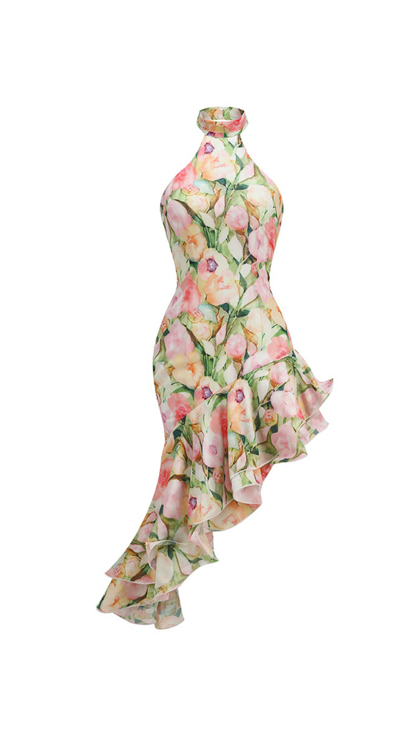 AIIZIE SABINA PINK GREEN ASYMMETRIC FLORAL HALTER MIDI DRESS - product image