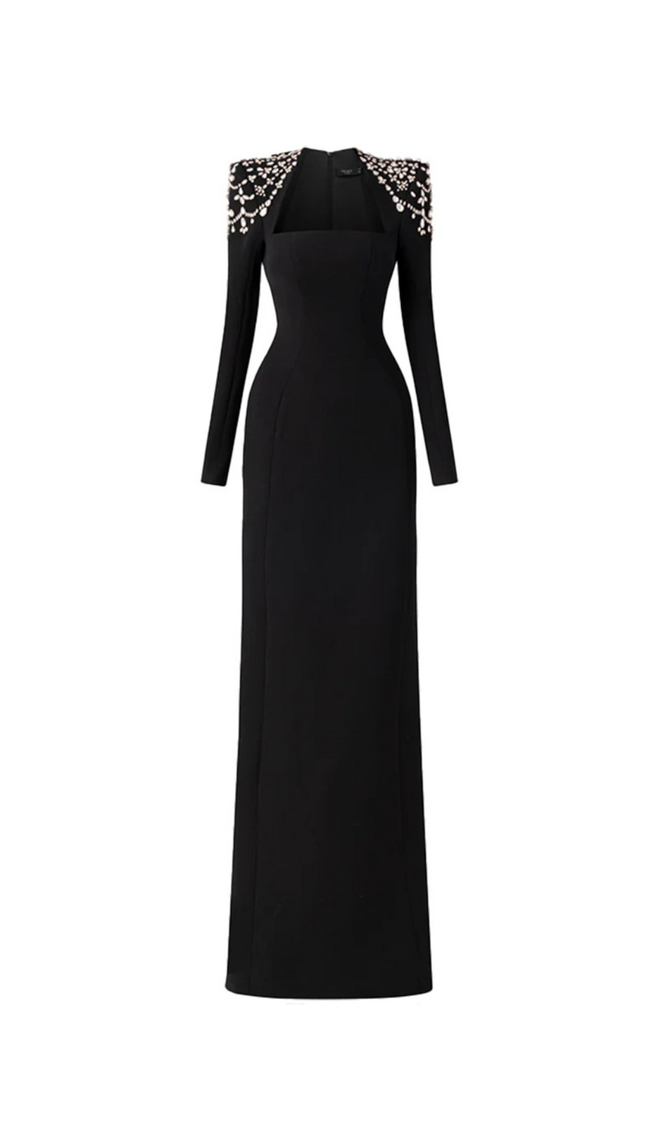 schwarzes, langärmliges Maxikleid mit Kristallverzierung