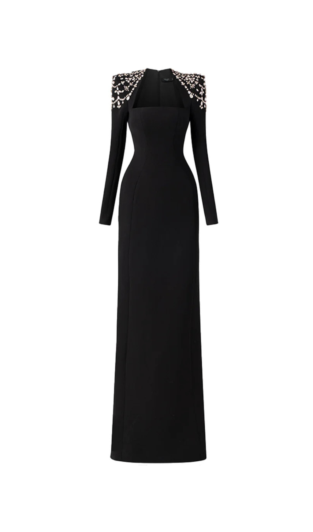CRYSTAL-EMBELLISHED BLACK LONG SLEEVE MAXI DRESS