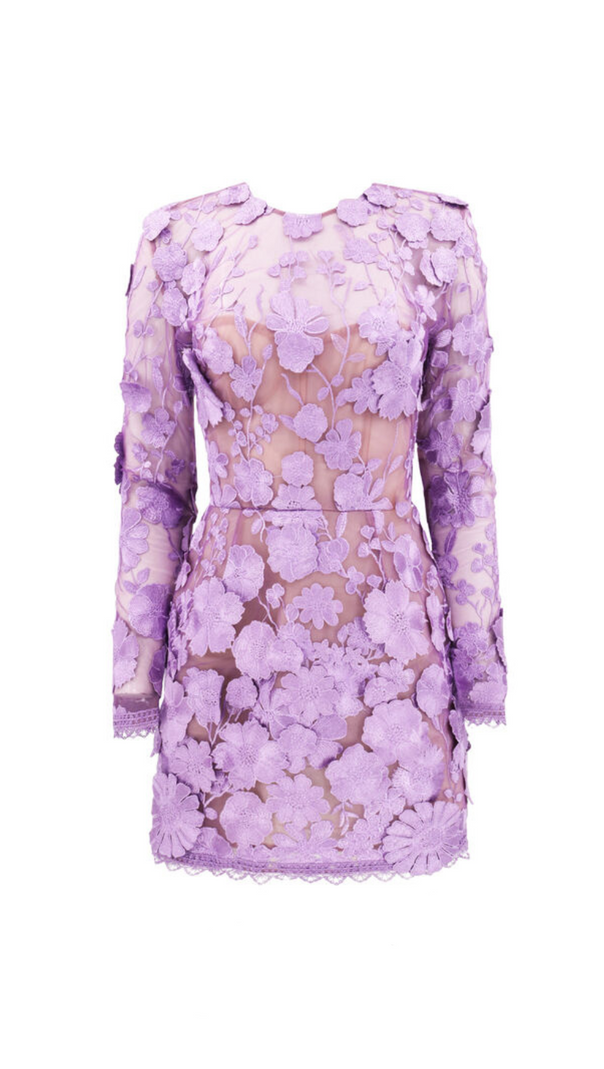 AIIZIE LILAC FLORAL LACE LONG SLEEVE MINI DRESS - product image