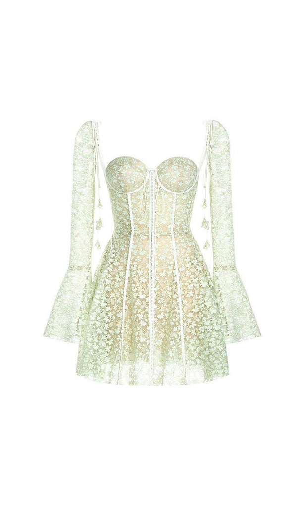 AIIZIE TERESA TRUMPET SLEEVE LACE EMBROIDERY MINI DRESS IN GREEN - product image