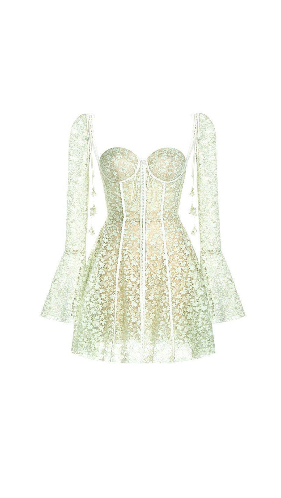 TERESA TRUMPET SLEEVE LACE EMBROIDERY MINI DRESS IN GREEN