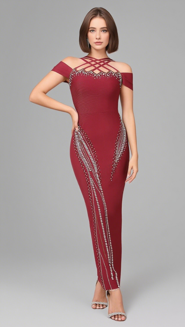 AIIZIE OFF SHOULDER CRISSCROSS RHINESTONE EMBELLISHED MIDI DRESS IN BURGUNDY - product image