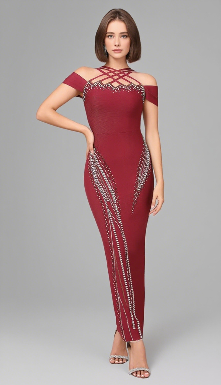 OFF SHOULDER CRISSCROSS RHINESTONE EMBELLISHED MIDI DRESS IN BURGUNDY