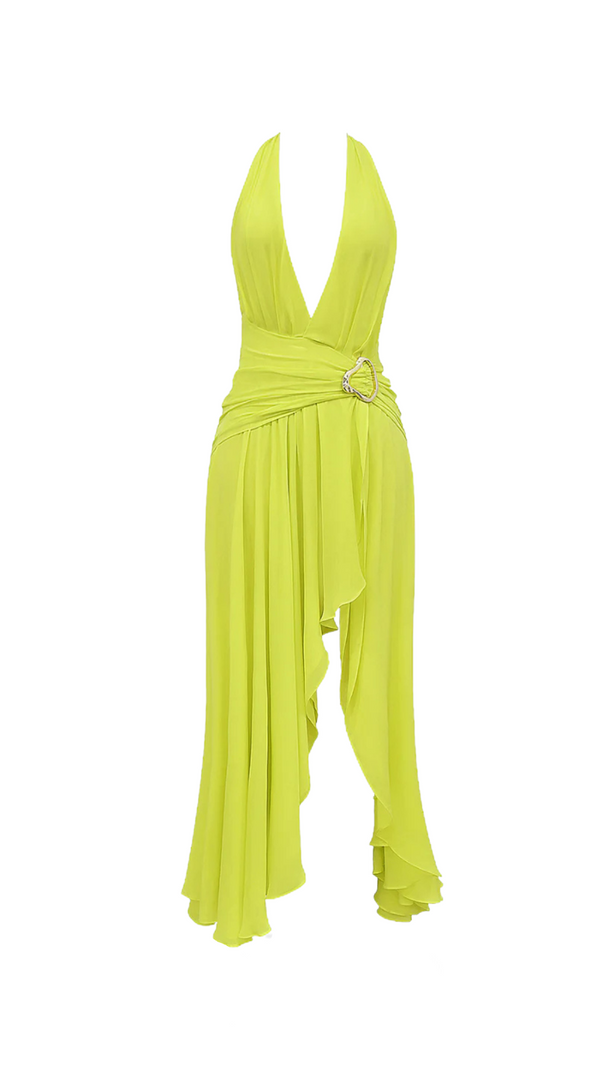 AIIZIE MAÉVA HALTER NECK SLIT PLUNGE NECK MAXI DRESS IN GREEN - product image