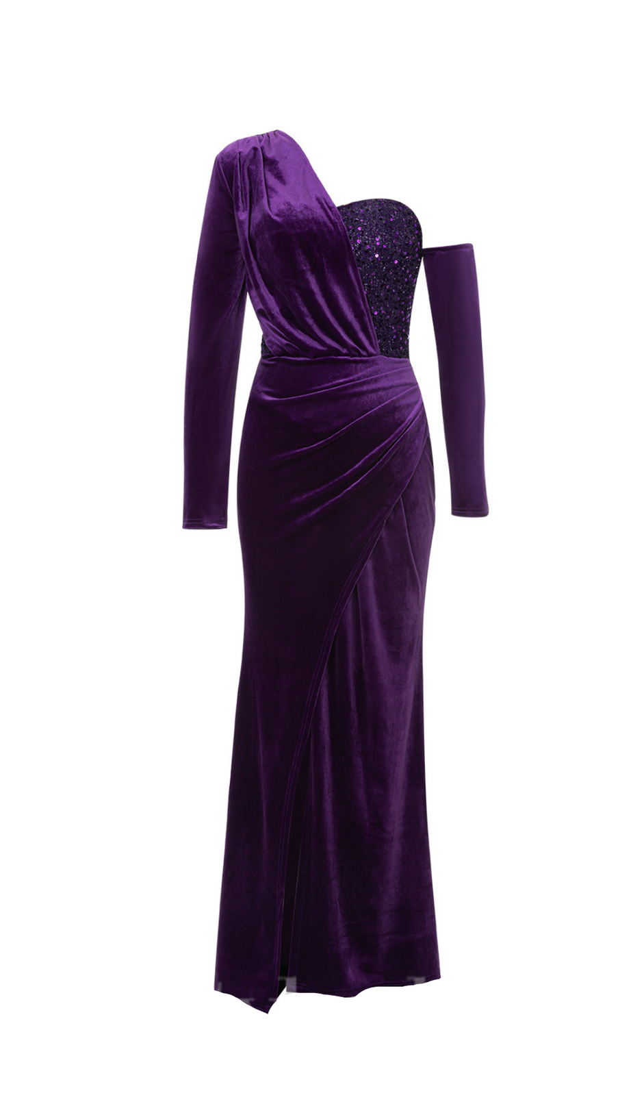 ONE SHOULDER SEQUIN-EMBELLISHED VELVET MAXI DRESS IN PURPLE