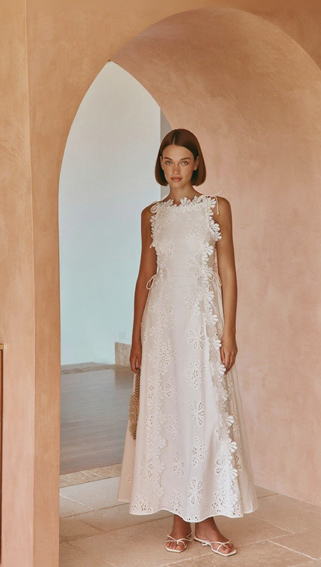 LACE TRIM EMBROIDERY HOLLOW MIDI DRESS IN WHITE