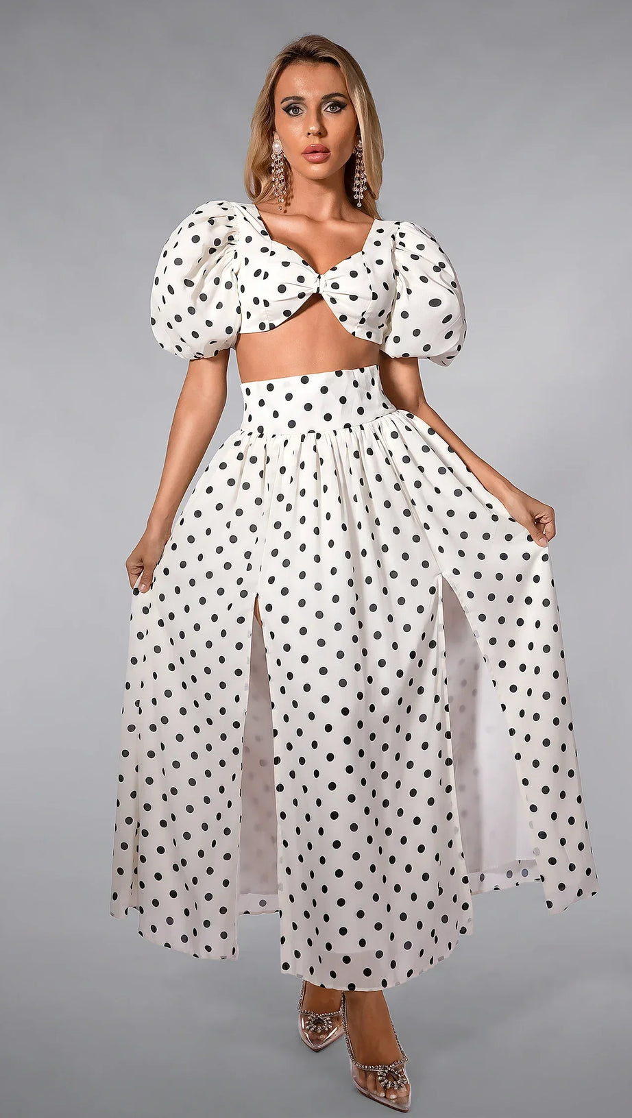 Completo OLINDA con mini top a pois e gonna con spacco alto