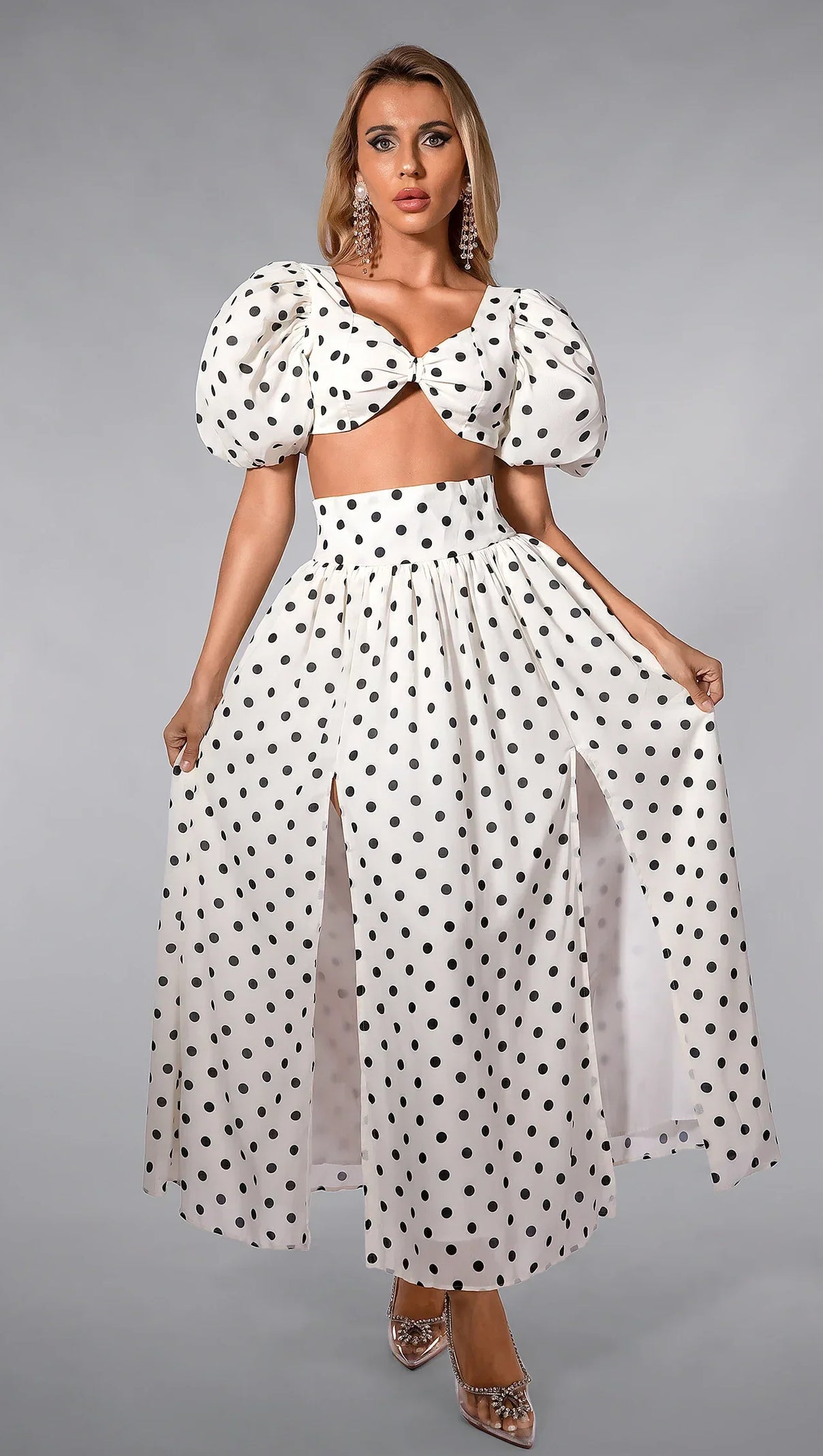 AIIZIE OLINDA POLKA DOT MINI TOP WITH HIGH SLIT SKIRT SET - product image