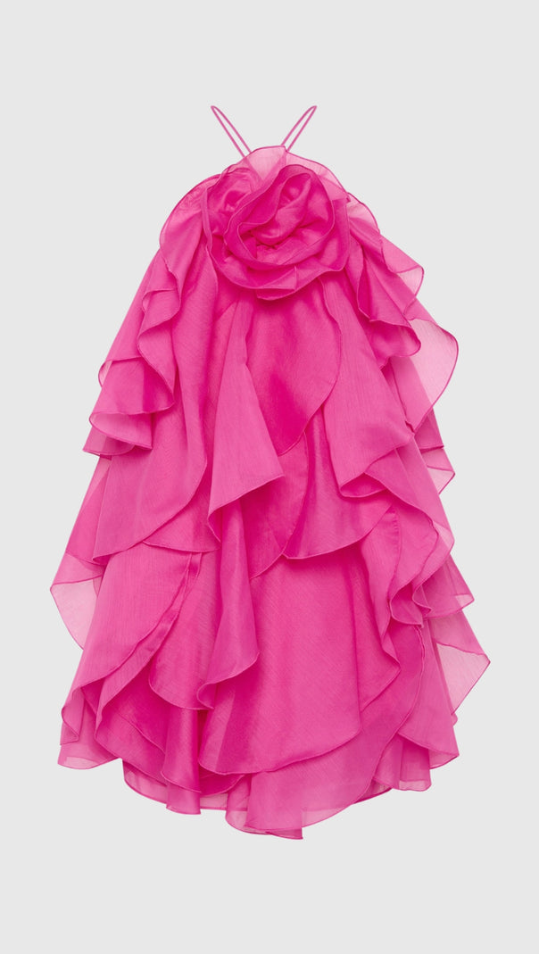 AIIZIE LORRAINE HALTER FLORAL RUFFLE LAYERED MINI DRESS IN FUCHSIA - product image