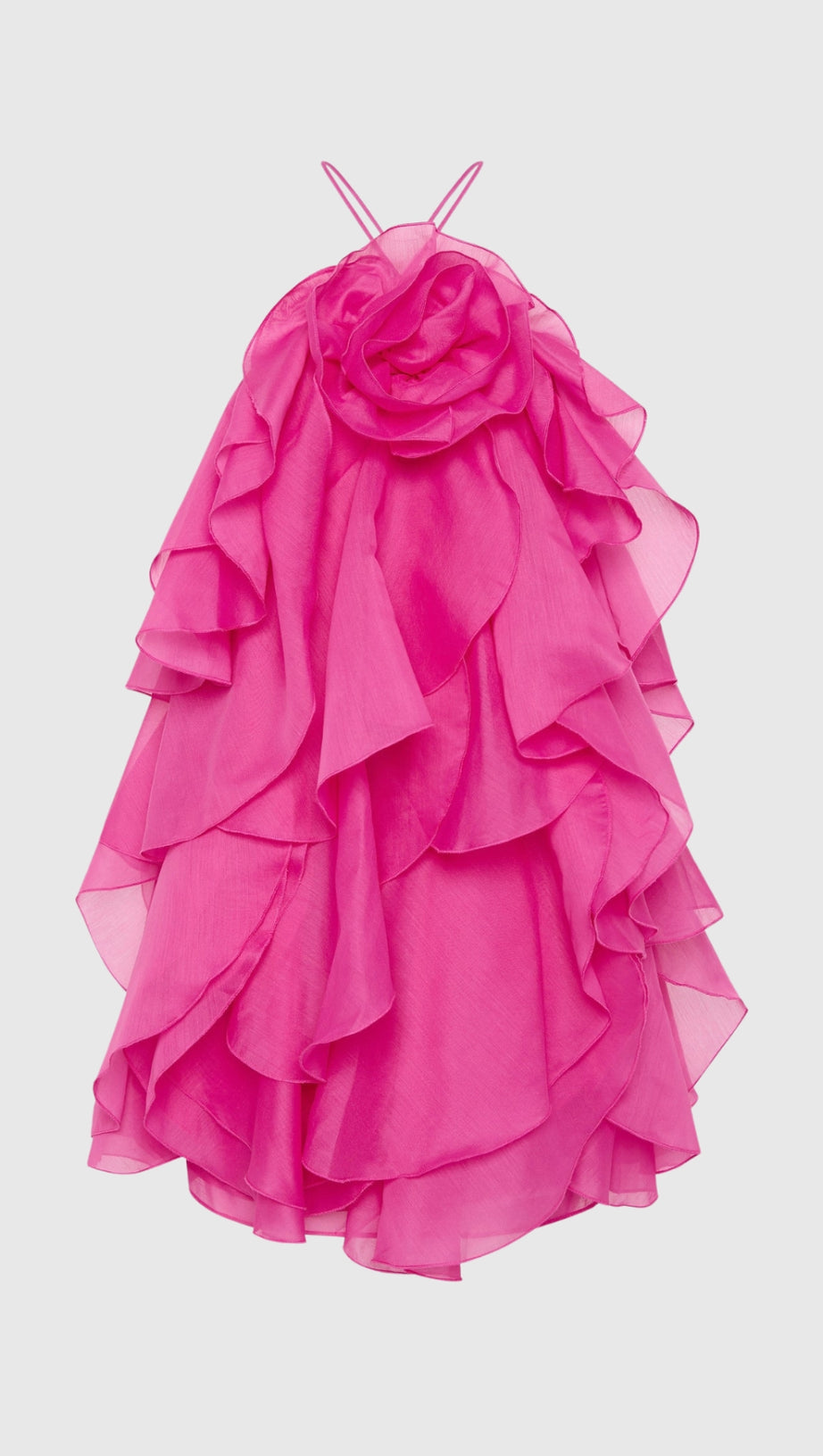 LORRAINE HALTER FLORAL RUFFLE LAYERED MINI DRESS IN FUCHSIA