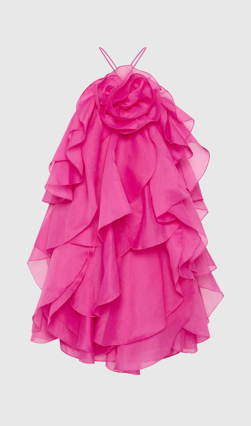 LORRAINE HALTER FLORAL RUFFLE LAYERED MINI DRESS IN FUCHSIA