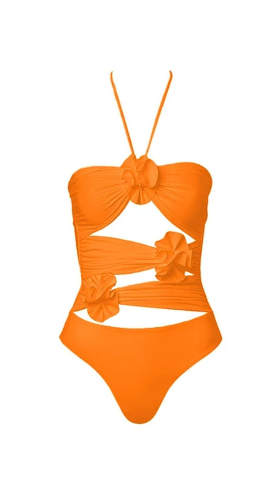 HALTER CUTOUT 3D FLOWER DECOR ONE PIECE SWIMSUIT AND SARONG