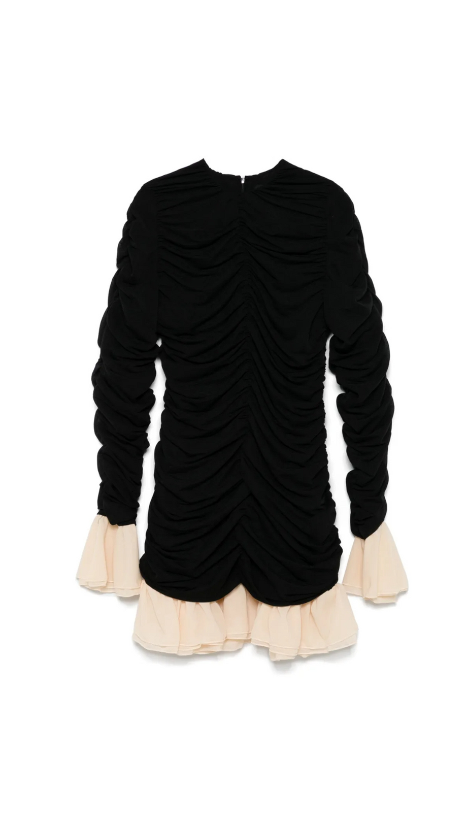 RUCHED LONG-SLEEVE MINI DRESS IN BLACK