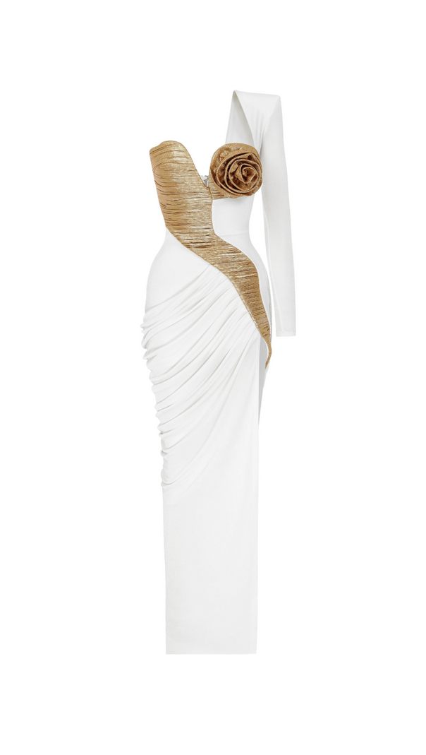 AIIZIE ROSE DETAILS HIGH SUT MAXI DRESS IN GOLD WHITE - product image