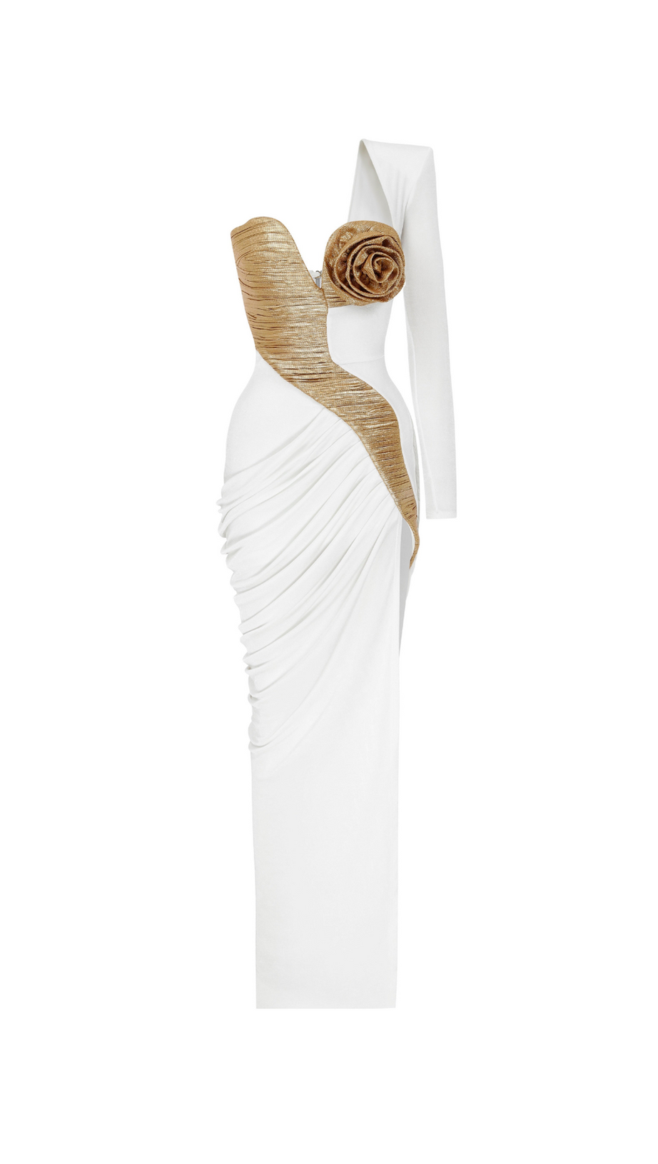 ROSE DETAILS HIGH SUT MAXI DRESS IN GOLD WHITE