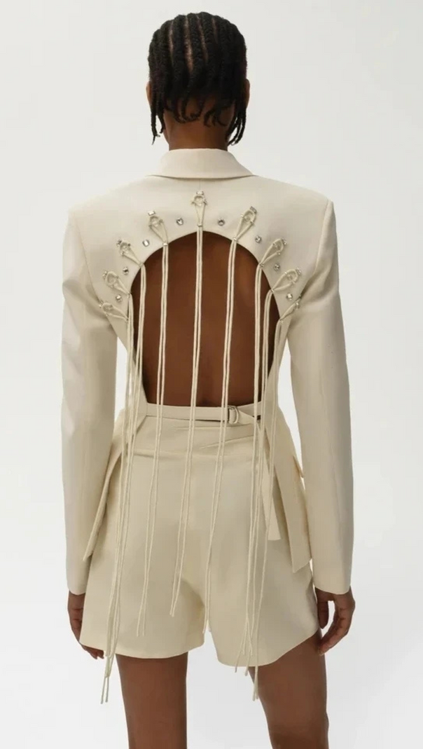 AIIZIE VIENNA CUTOUT FRINGE BACKLESS BLAZER IN APRICOT - product image