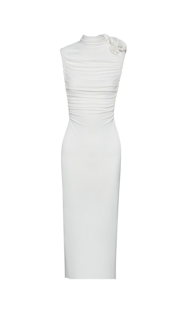 AIIZIE ADORA FLOWER EMBELLISHED RUCHED MIDI DRESS IN CREAM - product image