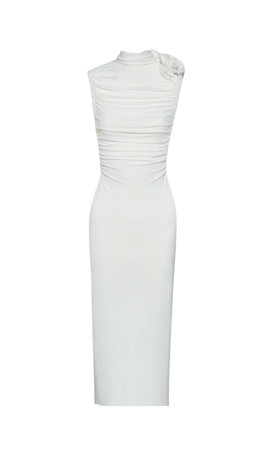 ADORA FLOWER EMBELLISHED RUCHED MIDI DRESS IN CREAM