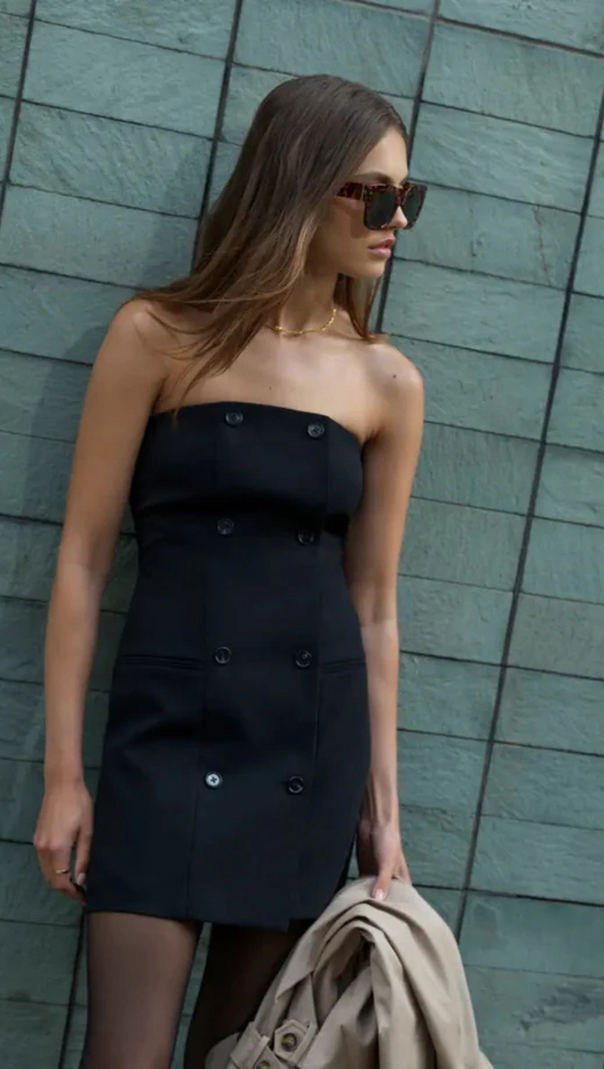 AIIZIE DOUBLE BREASTED STRAPLESS TWILL MINI DRESS IN BLACK - product image