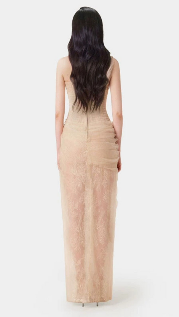 AIIZIE ONE SHOULDER MESH RUCHED MIDI DRESS IN PALE YELLOW - product image