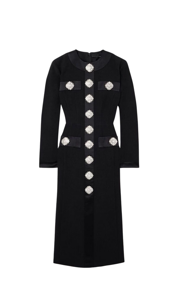 AIIZIE CRYSTAL EMBELLISHED SATIN-TRIMMED CREPE MIDI DRESS IN BLACK - product image