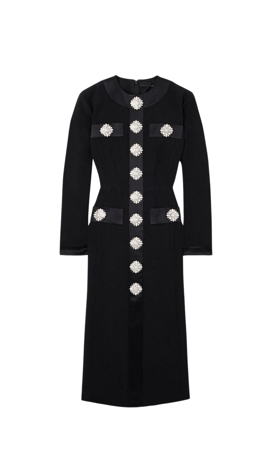 CRYSTAL EMBELLISHED SATIN-TRIMMED CREPE MIDI DRESS IN BLACK
