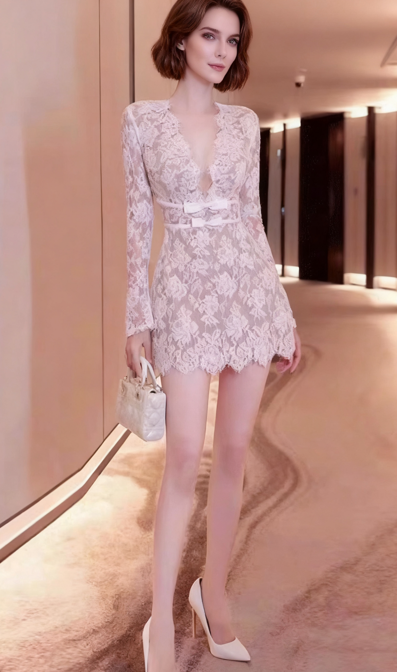 Flower Lace Long Sleeve Mini Dress In White
