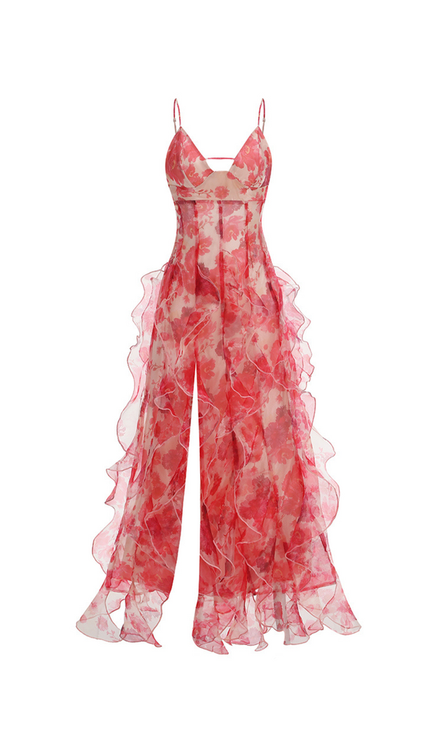 AIIZIE BELINDA RED FLORAL VERTICAL RUFFLE TRIM MAXI DRESS - product image