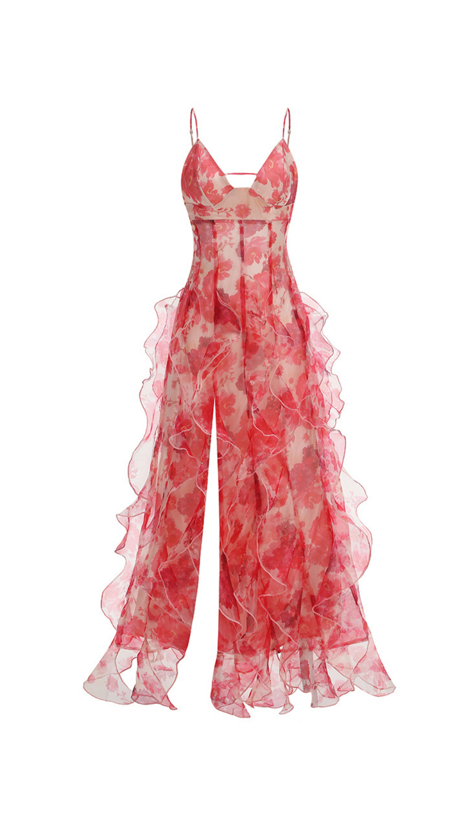 BELINDA RED FLORAL VERTICAL RUFFLE TRIM MAXI DRESS