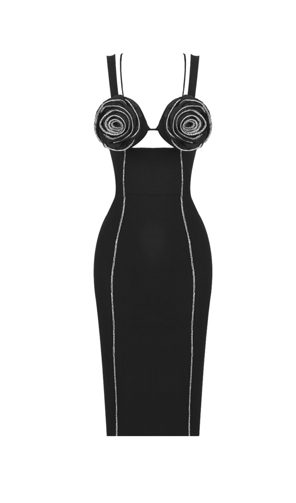 ABITO MIDI BUSTIER CON FIORI E FINITURE ARGENTO IN NERO