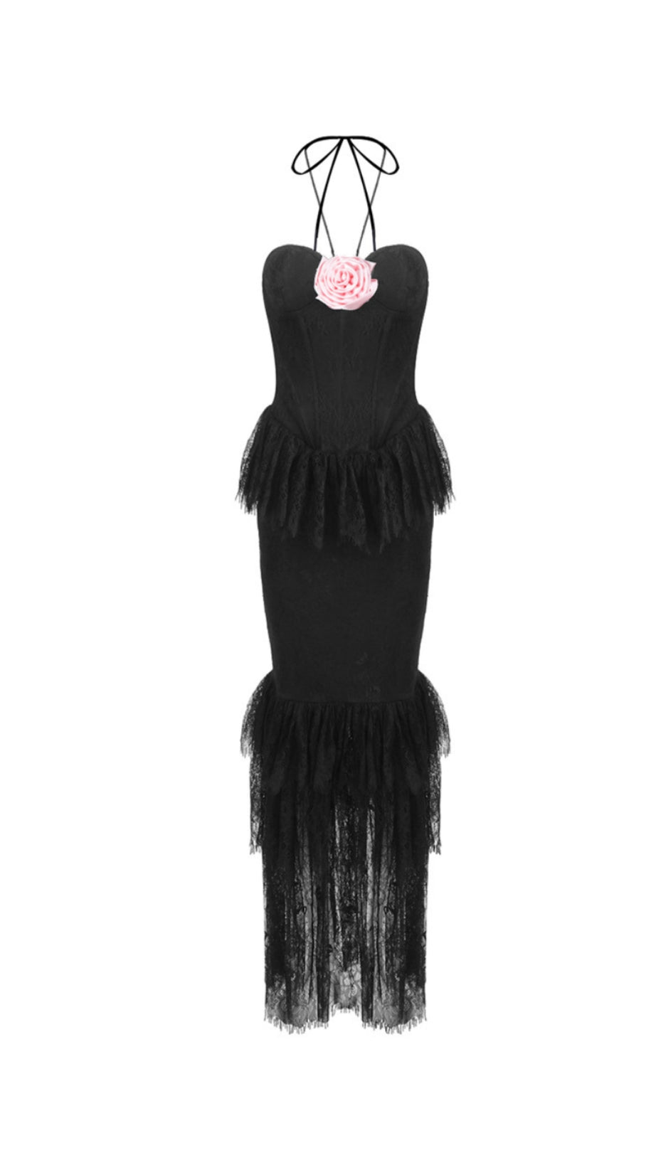 Trägerloses Maxikleid mit Spitzen-Stufen und Blumenmuster in Schwarz