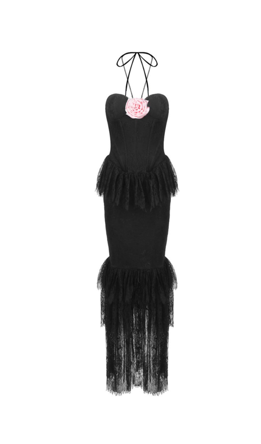 LACE TIERED FLOWER STRAPLESS MAXI DRESS IN BLACK