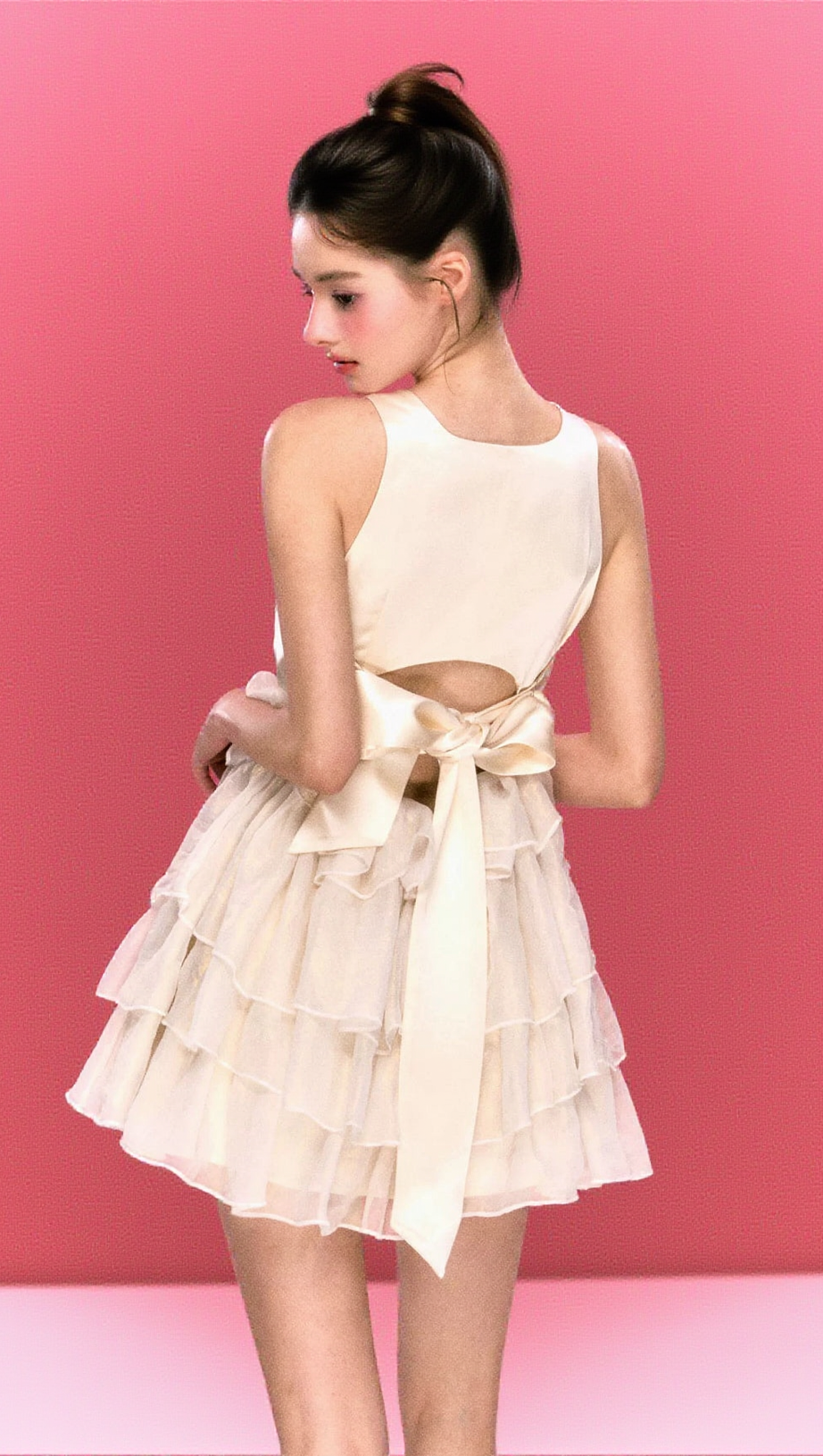 BEIGE BOW TIERED MINI DRESS