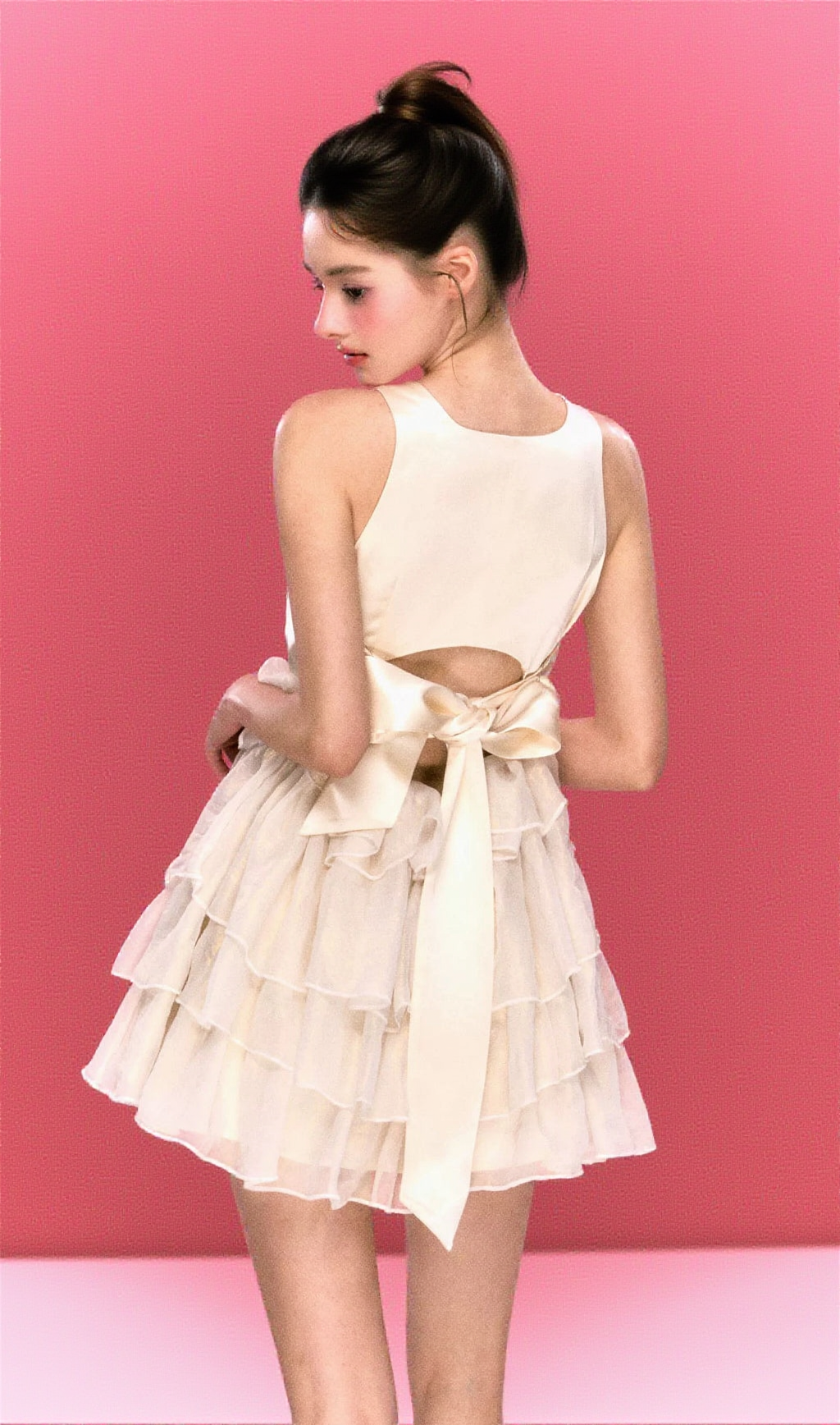 Beige Bow Tiered Mini Dress