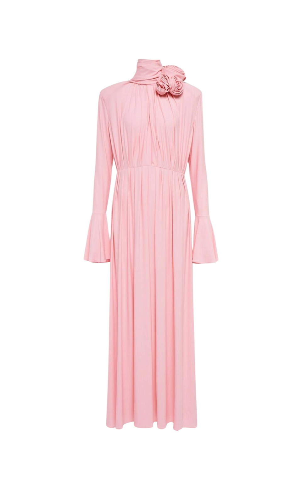 ABITO MIDI ERIN CON MANICHE A LANTERNA, COLLO ALTO, SPACCHI FIORITI, ROSA