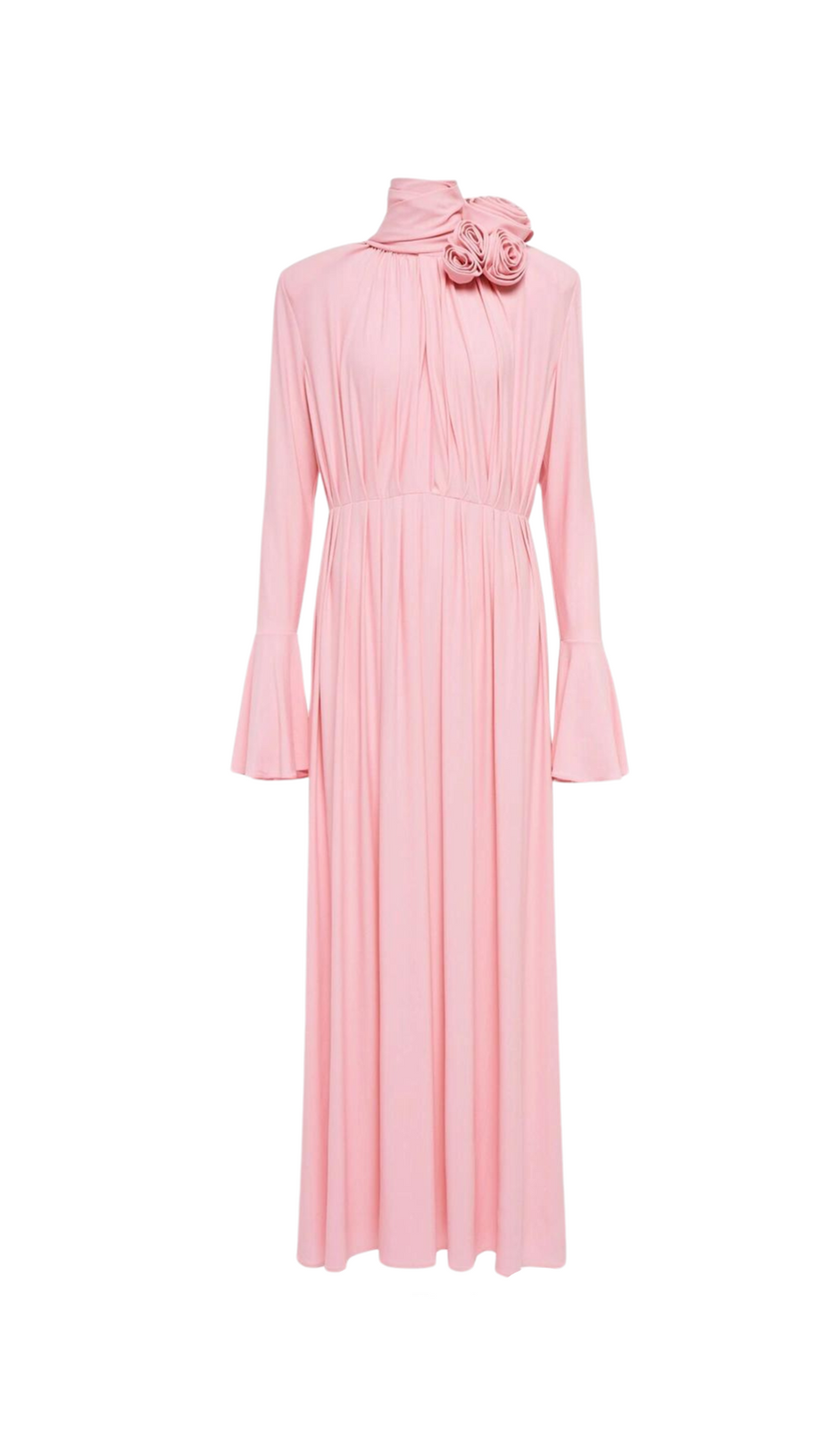 ERIN LANTERN SLEEVE HIGH COLLAR FLOWER SLIT MIDI DRESS IN PINK