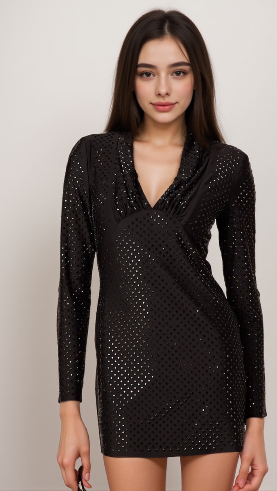 MARIASOLE EMBELLISHED PLUNGING V-NECK STUDDED MINI DRESS