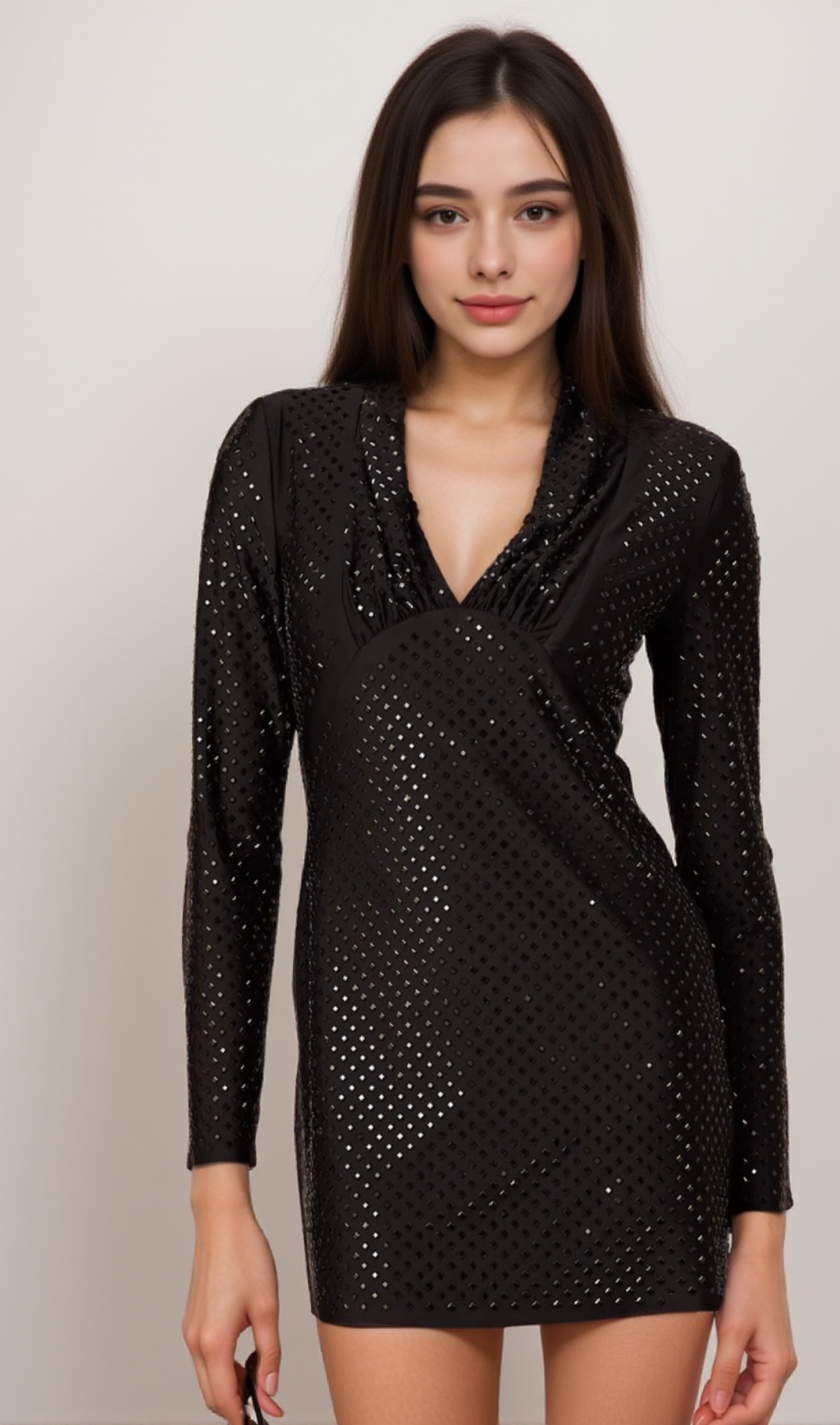 MARIASOLE EMBELLISHED PLUNGING V-NECK STUDDED MINI DRESS