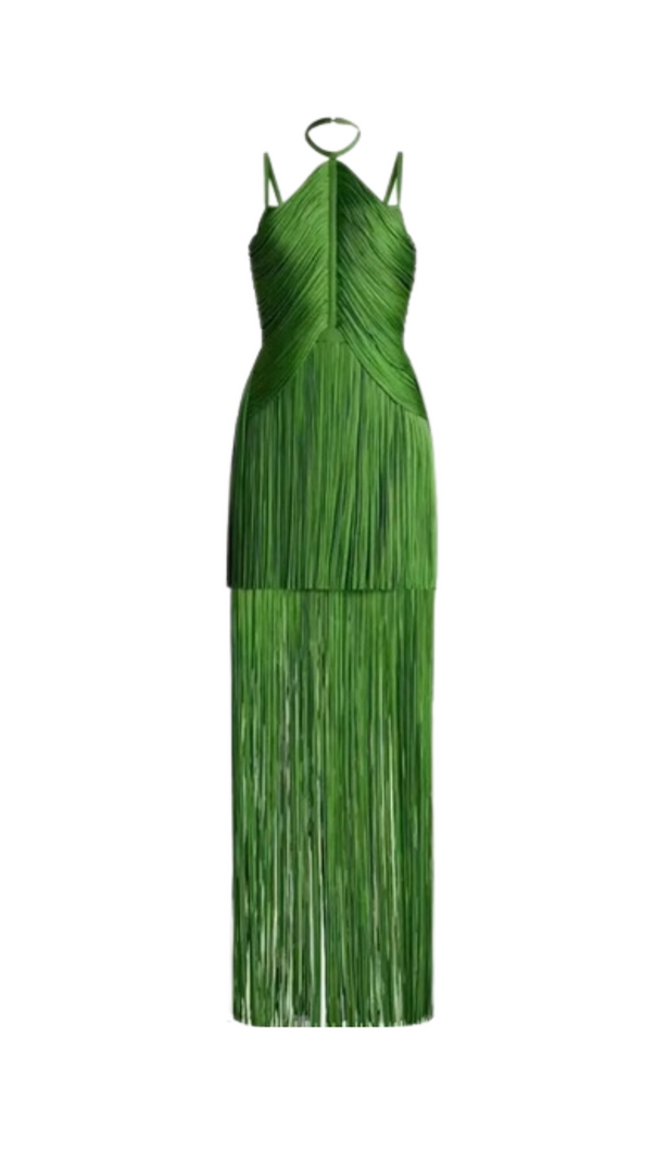 AIIZIE BRIANNA HALTER NECK FRINGE TASSEL DRESS IN GREEN - product image