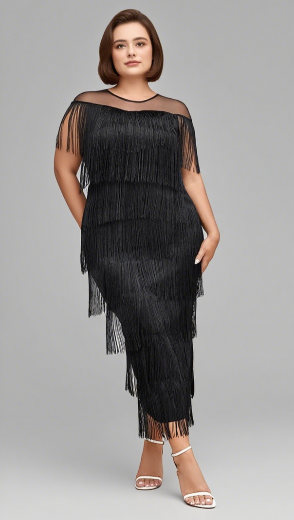 AIIZIE FRINGE - TIERED MESH - YOKE MIDI DRESS IN BLACK - product image
