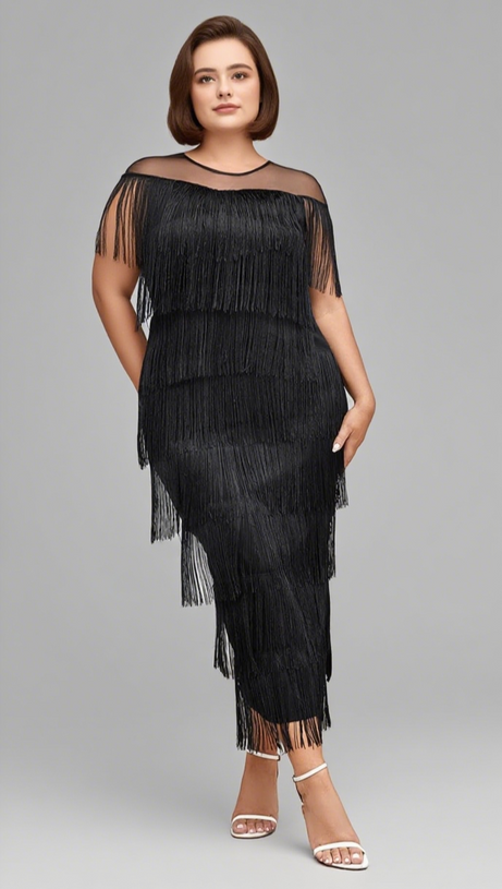 FRINGE - TIERED MESH - YOKE MIDI DRESS IN BLACK