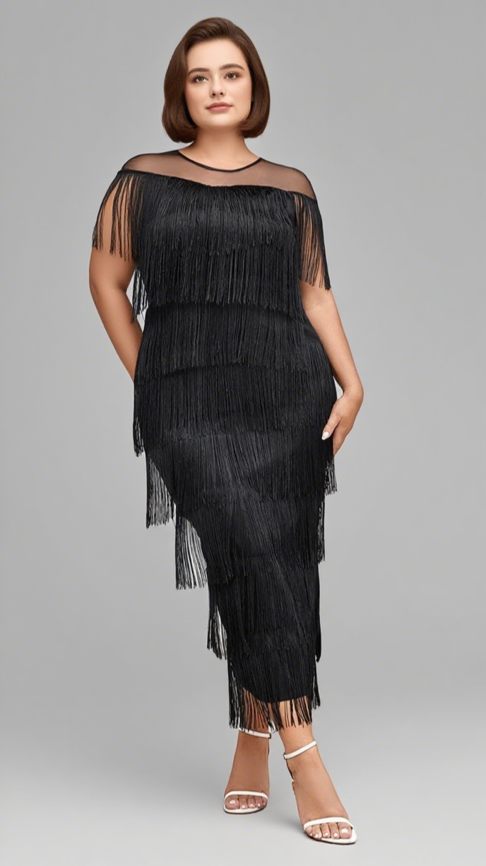 FRINGE - TIERED MESH - YOKE MIDI DRESS IN BLACK